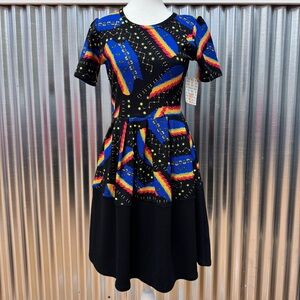 NWT LuLaRoe Black and Multicolor Circle Skater Pleated Dress Amelia Celestial